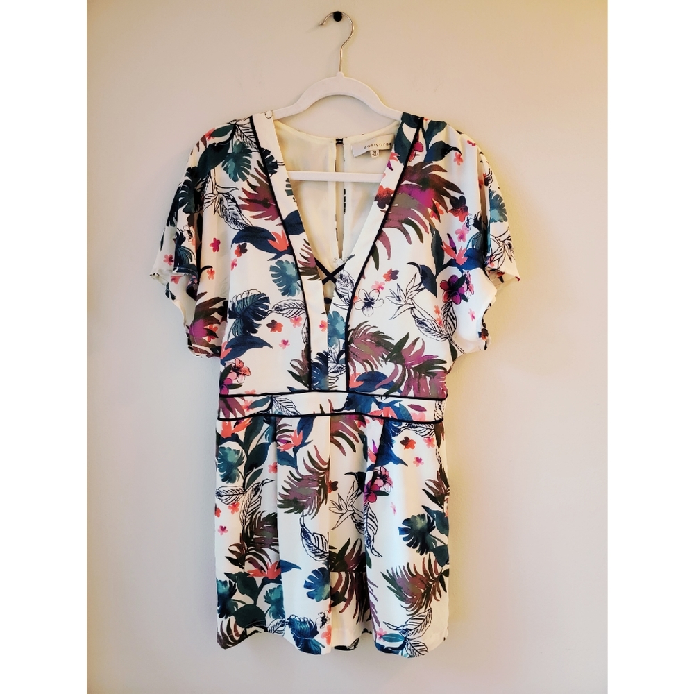 Adelyn Rae Cream Floral V-Neck Romper with Teal, Pink & Green Print